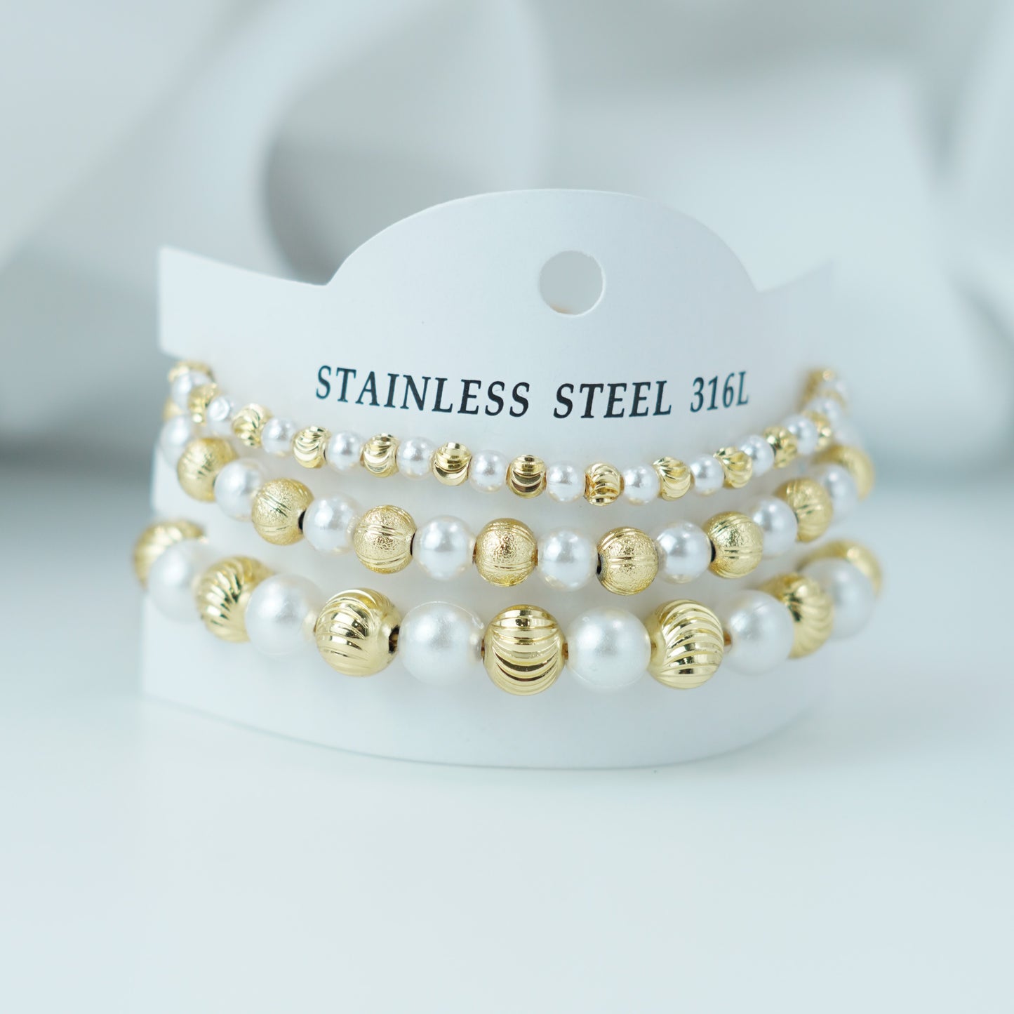Set Pulsera Perlas Balín Diamantado x3